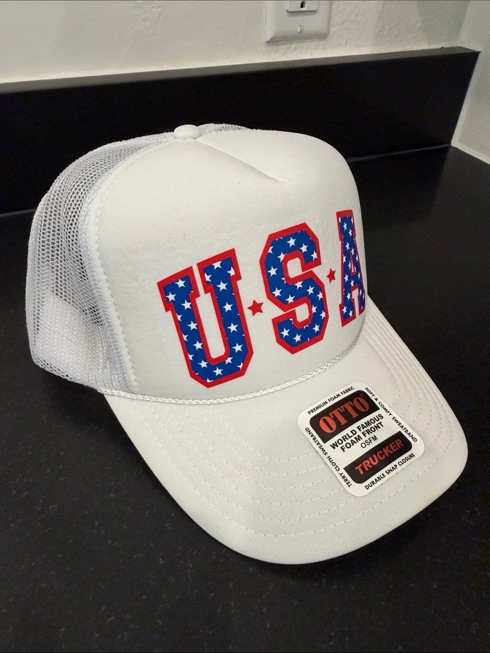 OTTO White Trucker Hat with Red and Blue USA Lettering
